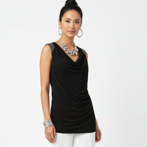 Cache Black Sleeveless Embellished Shoulder Side Ruched tunic top M